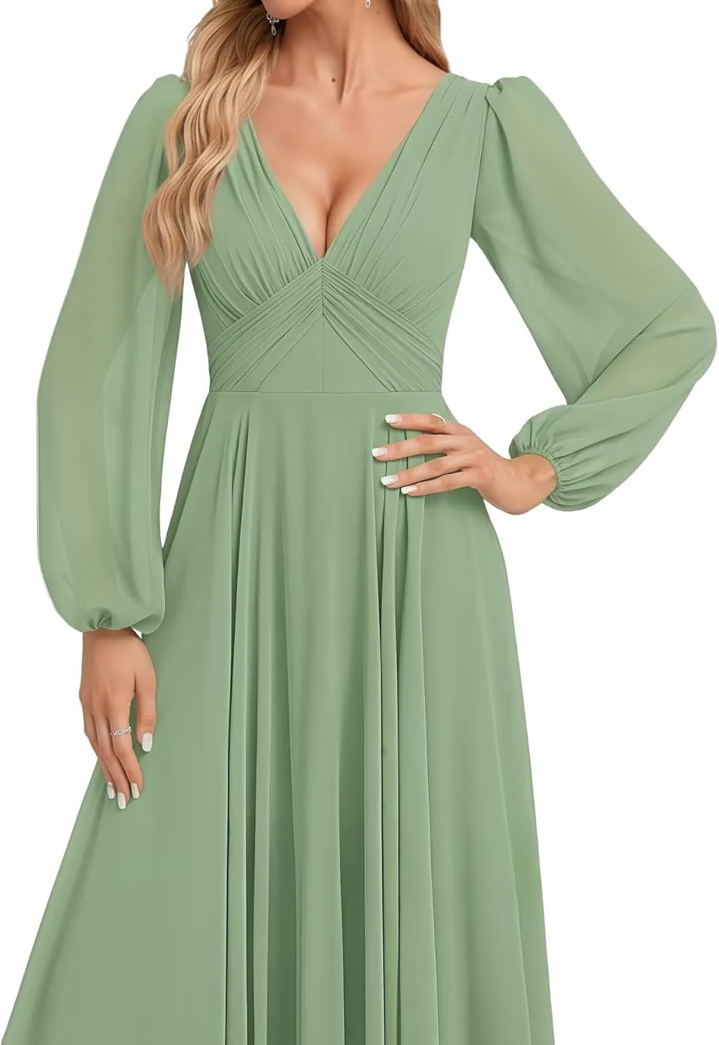 Women's V Neck Bridesmaid Dresses Sleeves Floor Length A-Line Pleated Chiffon Evening Formal Gown