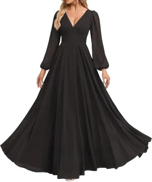 Women's V Neck Bridesmaid Dresses Sleeves Floor Length A-Line Pleated Chiffon Evening Formal Gown