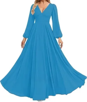 Women's V Neck Bridesmaid Dresses Sleeves Floor Length A-Line Pleated Chiffon Evening Formal Gown