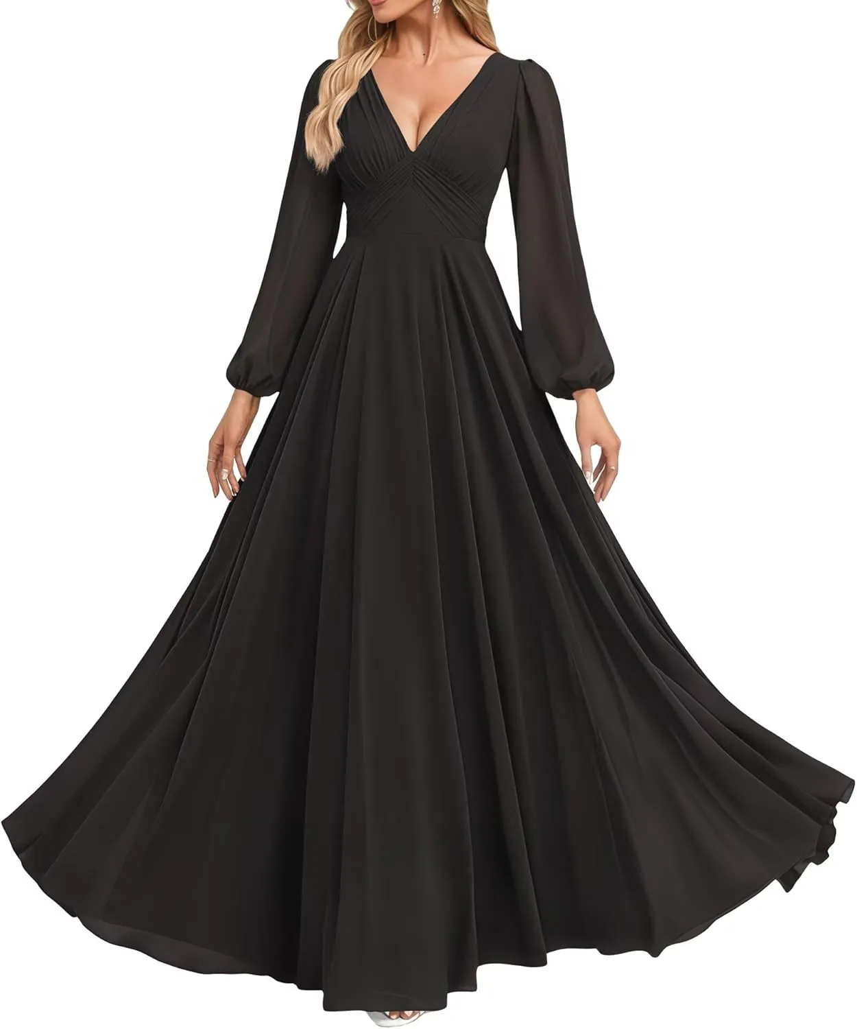 Women's V Neck Bridesmaid Dresses Sleeves Floor Length A-Line Pleated Chiffon Evening Formal Gown