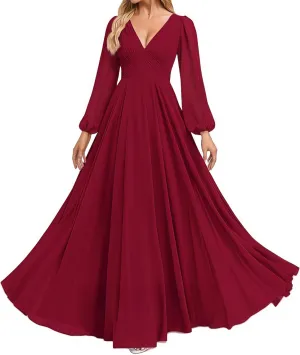 Women's V Neck Bridesmaid Dresses Sleeves Floor Length A-Line Pleated Chiffon Evening Formal Gown