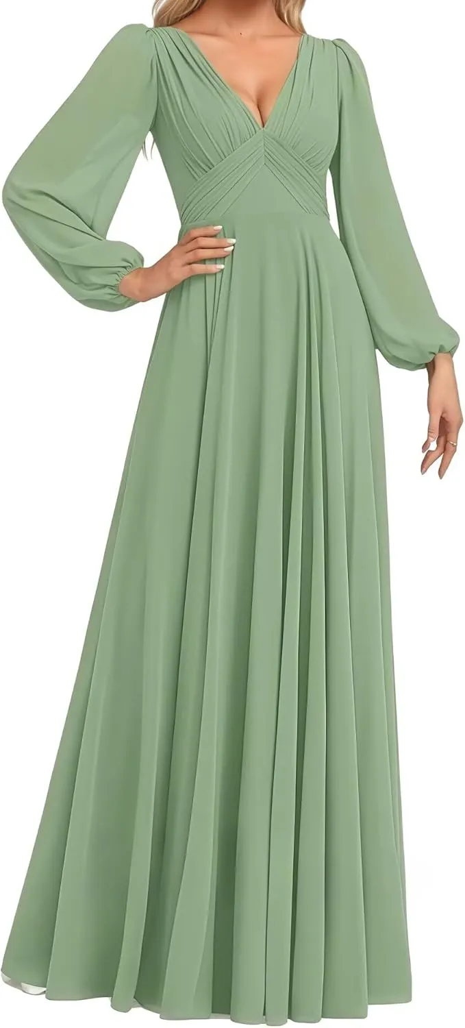 Women's V Neck Bridesmaid Dresses Sleeves Floor Length A-Line Pleated Chiffon Evening Formal Gown
