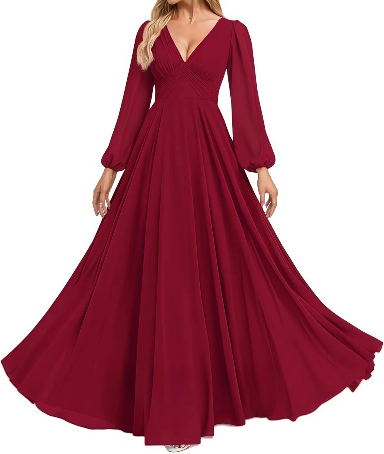 Women's V Neck Bridesmaid Dresses Sleeves Floor Length A-Line Pleated Chiffon Evening Formal Gown