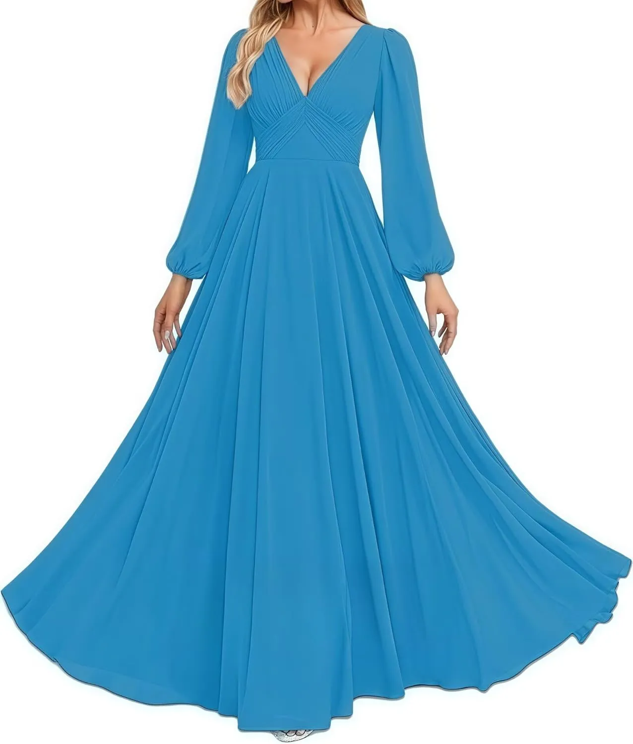 Women's V Neck Bridesmaid Dresses Sleeves Floor Length A-Line Pleated Chiffon Evening Formal Gown