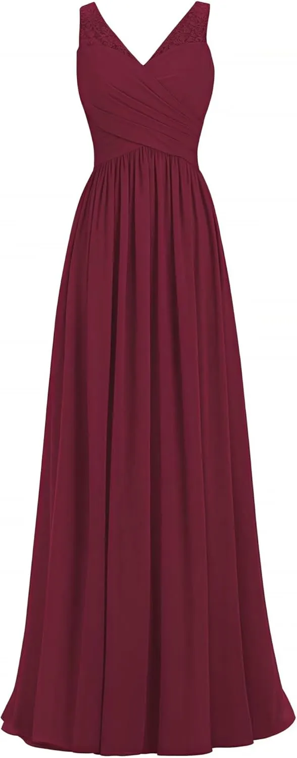Women's V Neck Chiffon Sleeveless Lace Bridesmaid Dress Wedding Party Gown A Line Formal Dresses Evening Gowns