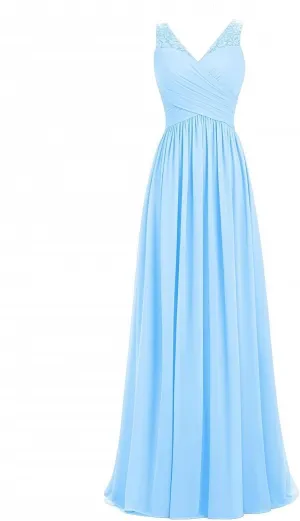 Women's V Neck Chiffon Sleeveless Lace Bridesmaid Dress Wedding Party Gown A Line Formal Dresses Evening Gowns