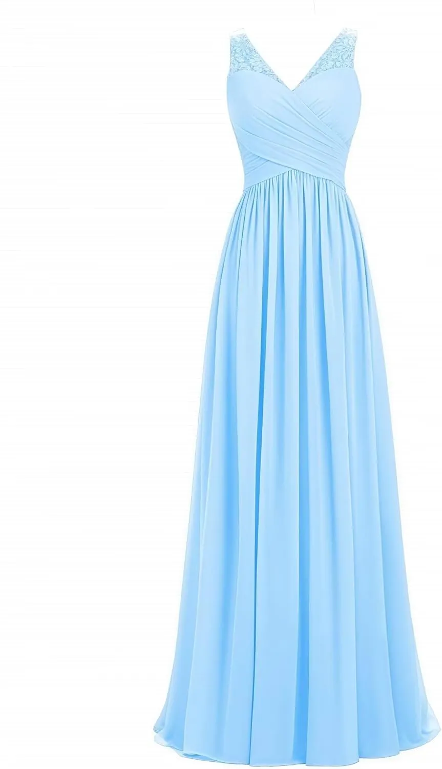 Women's V Neck Chiffon Sleeveless Lace Bridesmaid Dress Wedding Party Gown A Line Formal Dresses Evening Gowns