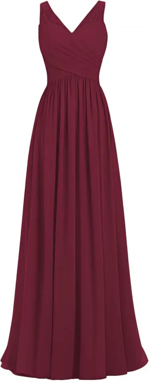 Women's V Neck Chiffon Sleeveless Lace Bridesmaid Dress Wedding Party Gown A Line Formal Dresses Evening Gowns