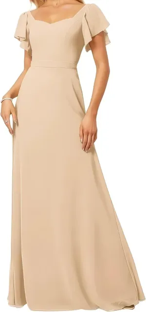 Women's V Neck Short Sleeve Bridesmaid Dresses for Wedding Ruffled Chiffon Evening Formal Gown
