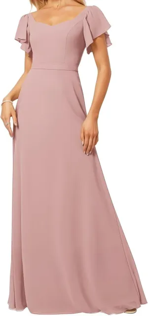 Women's V Neck Short Sleeve Bridesmaid Dresses for Wedding Ruffled Chiffon Evening Formal Gown