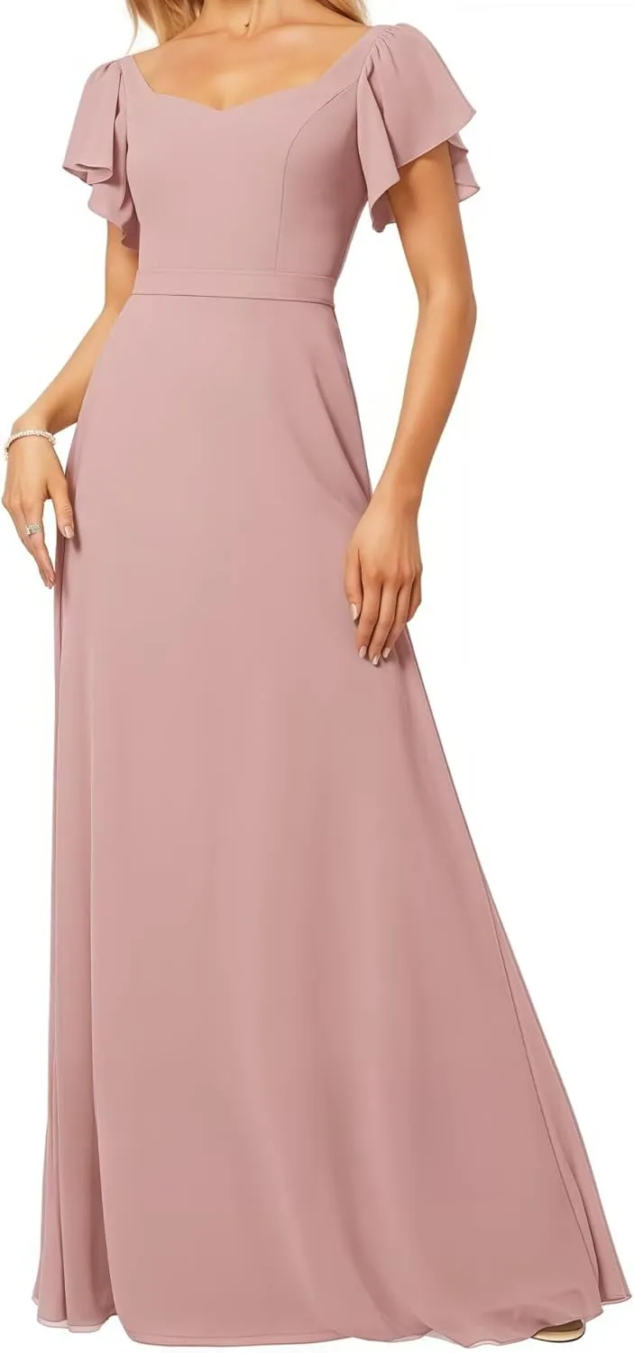 Women's V Neck Short Sleeve Bridesmaid Dresses for Wedding Ruffled Chiffon Evening Formal Gown