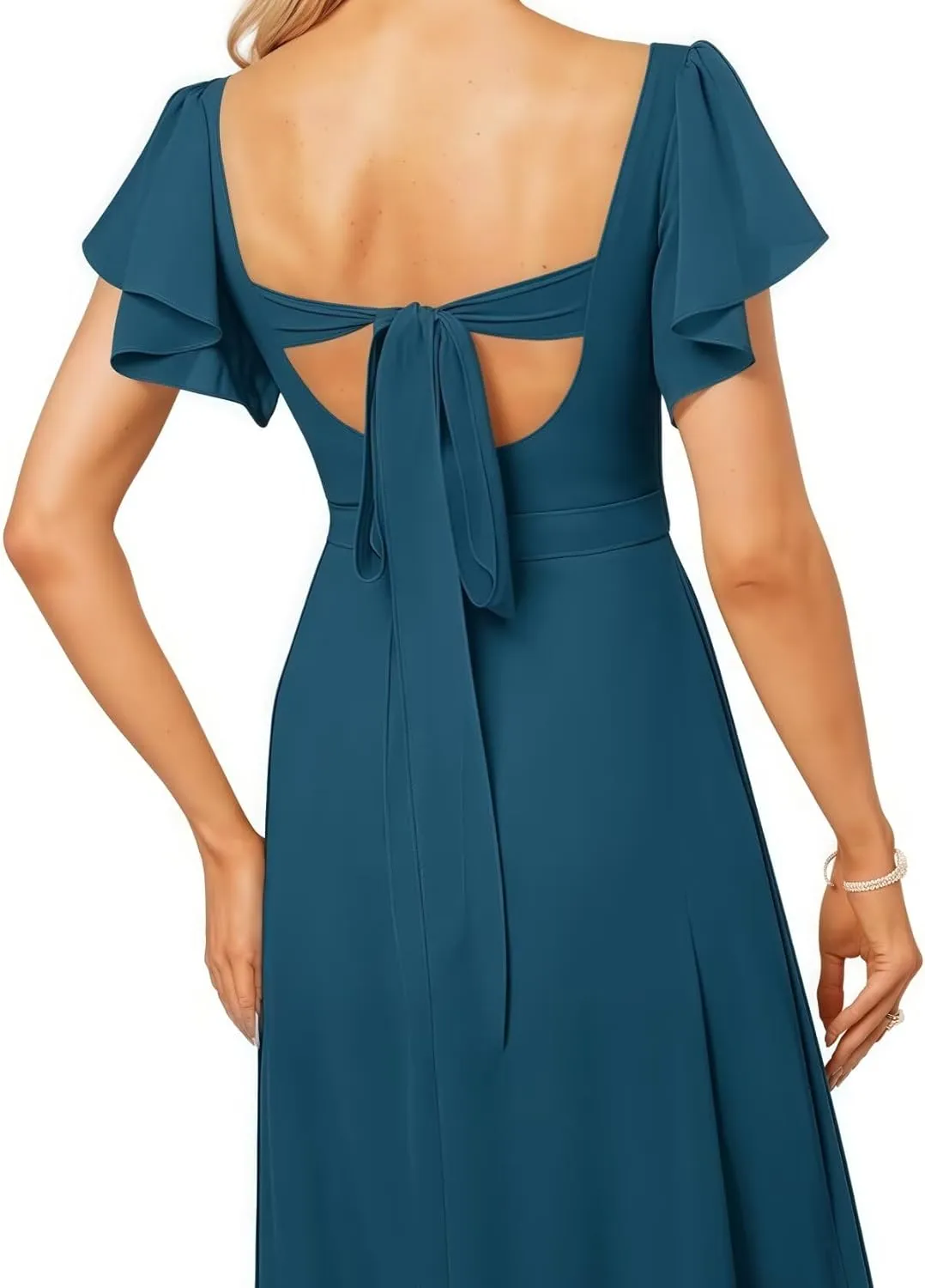 Women's V Neck Short Sleeve Bridesmaid Dresses for Wedding Ruffled Chiffon Evening Formal Gown