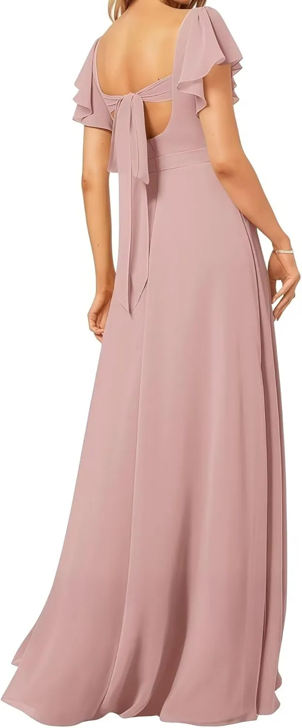 Women's V Neck Short Sleeve Bridesmaid Dresses for Wedding Ruffled Chiffon Evening Formal Gown