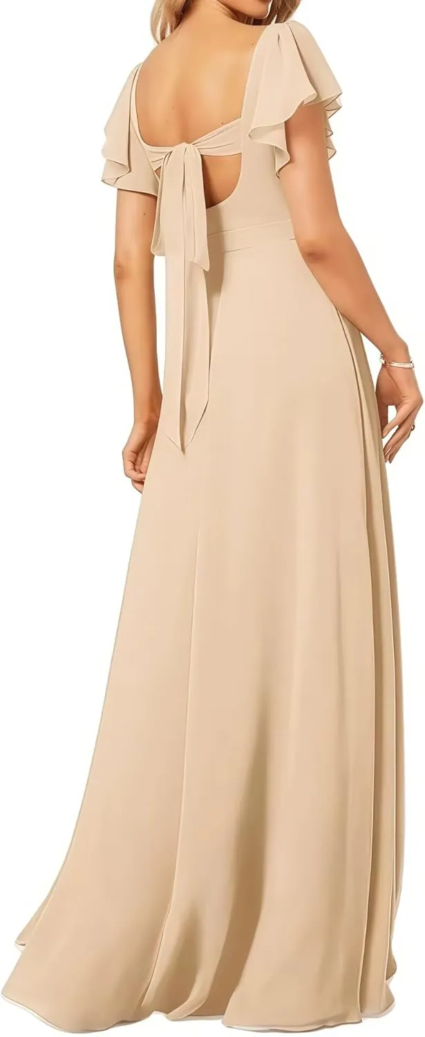 Women's V Neck Short Sleeve Bridesmaid Dresses for Wedding Ruffled Chiffon Evening Formal Gown