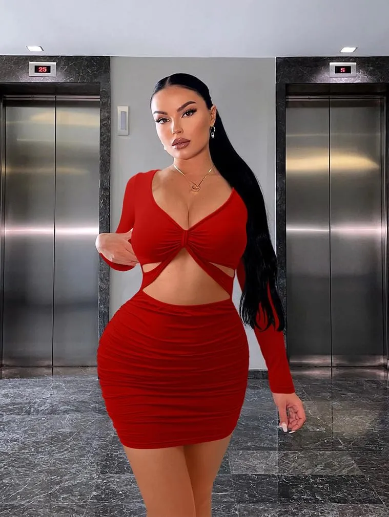 XXTAXN Women's Sexy Bodycon Deep V Neck Long Sleeve Cut Out Club Mini Dress