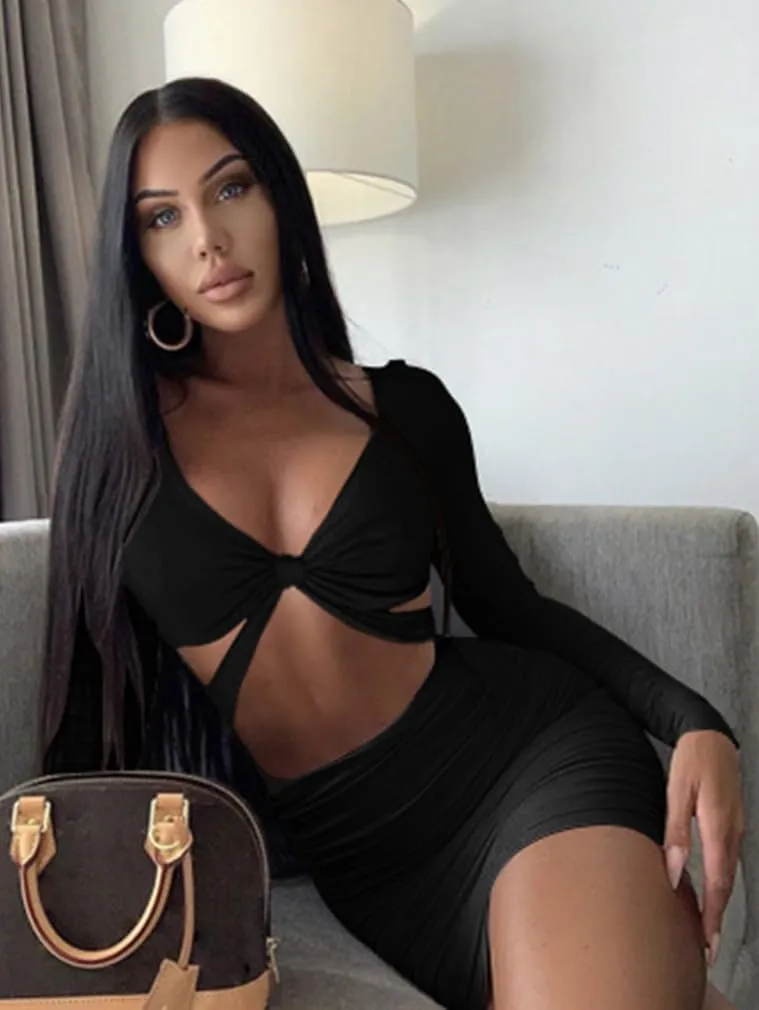 XXTAXN Women's Sexy Bodycon Deep V Neck Long Sleeve Cut Out Club Mini Dress
