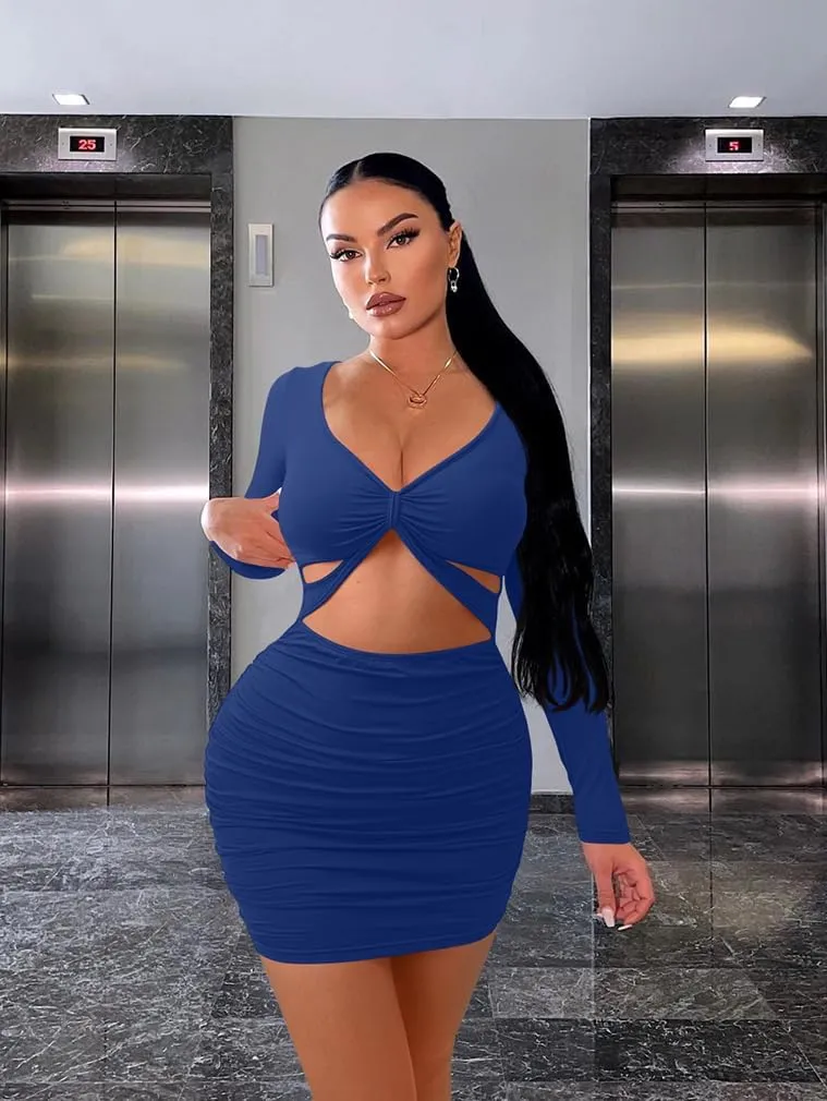XXTAXN Women's Sexy Bodycon Deep V Neck Long Sleeve Cut Out Club Mini Dress