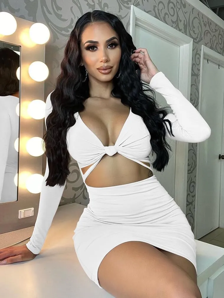 XXTAXN Women's Sexy Bodycon Deep V Neck Long Sleeve Cut Out Club Mini Dress