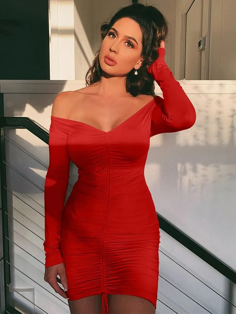 XXTAXN Women's Sexy Elegant Long Sleeve Off The Shoulder Ruched Mini Dress