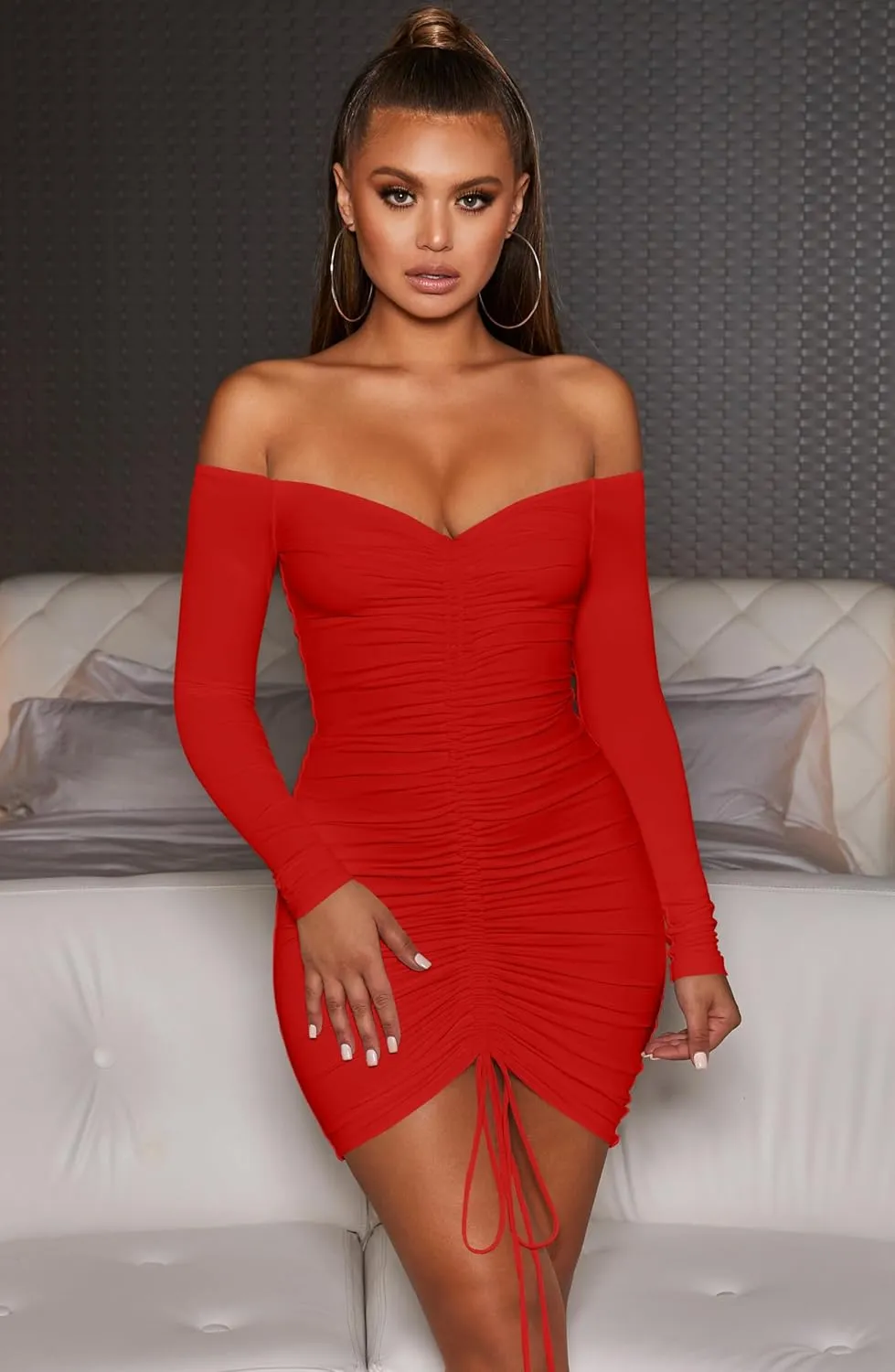 XXTAXN Women's Sexy Elegant Long Sleeve Off The Shoulder Ruched Mini Dress