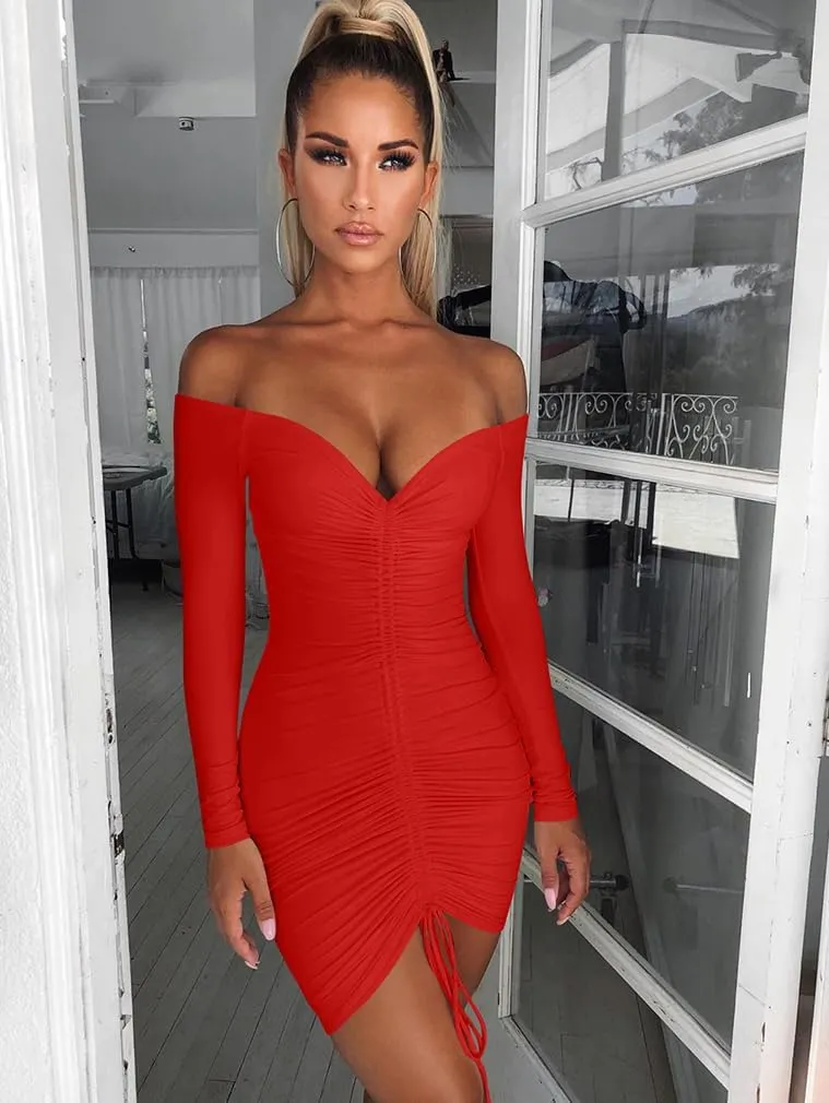 XXTAXN Women's Sexy Elegant Long Sleeve Off The Shoulder Ruched Mini Dress