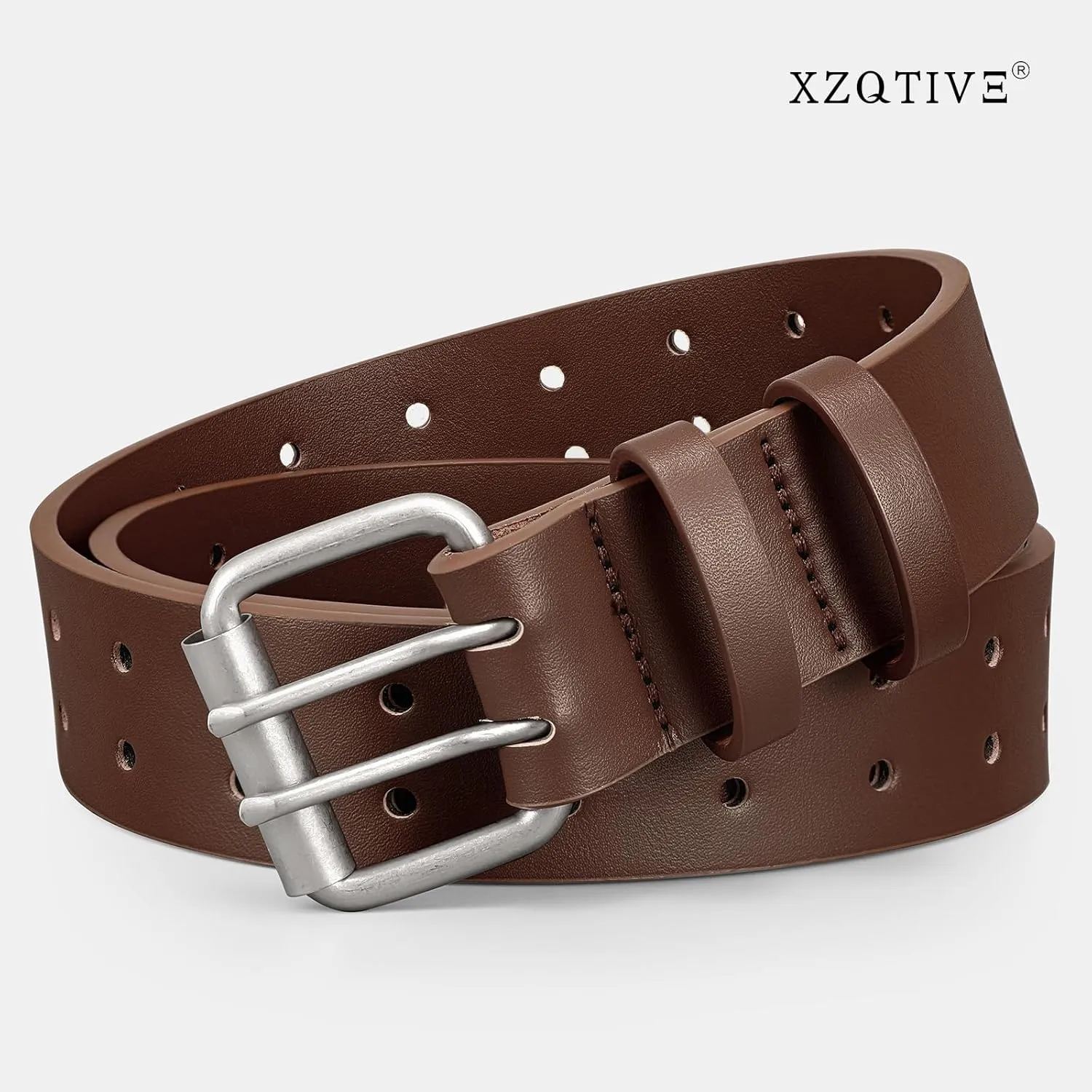 XZQTIVE Men Dual Holes Belt For Jean Pant Casual Leather Belts With Double Prong Buckle