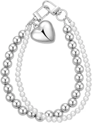 Y2K Keychain Heart Layered Pearl Silver Bead Keychain Bag Charms Aesthetics Keychain Wristlet Backpack Charms