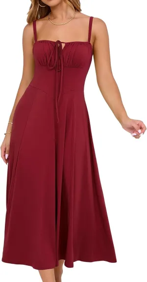 YATHON Women's Summer Midi Corset Boho Dresses Casual Floral Spaghetti Straps Lace Up Dress Flowy Aline Beach Sundress