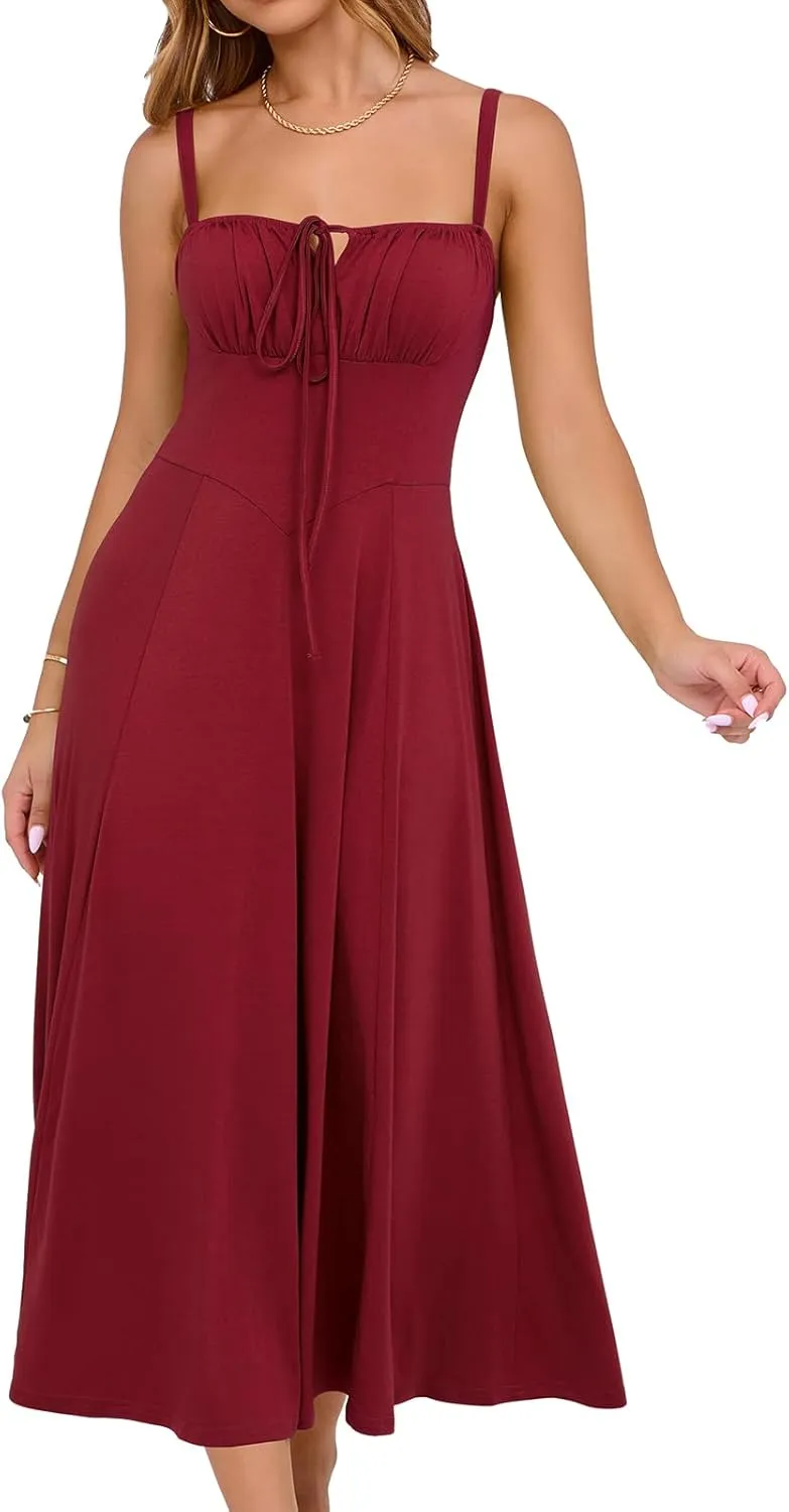 YATHON Women's Summer Midi Corset Boho Dresses Casual Floral Spaghetti Straps Lace Up Dress Flowy Aline Beach Sundress