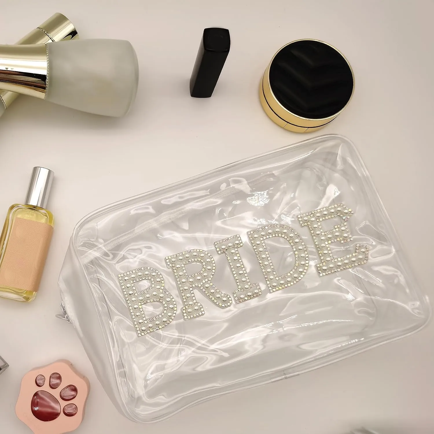 ZHENNAN Bride Makeup Bag Clear Cosmetic Bags for Bridal Pearl Rhinestone Travel Makeup Pouch Toiletry Bags Organizer Portable Transparent Storage Bag Wedding Bachelorette Gift for Bride