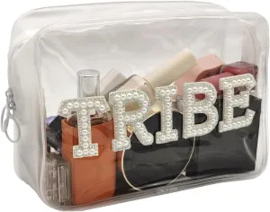 ZHENNAN Tribe Makeup Bag Clear Cosmetic Bags for Bridesmaid Pearl Rhinestone Travel Makeup Pouch Toiletry Bags Organizer Portable Transparent Storage Bag Wedding Gift for Tribe