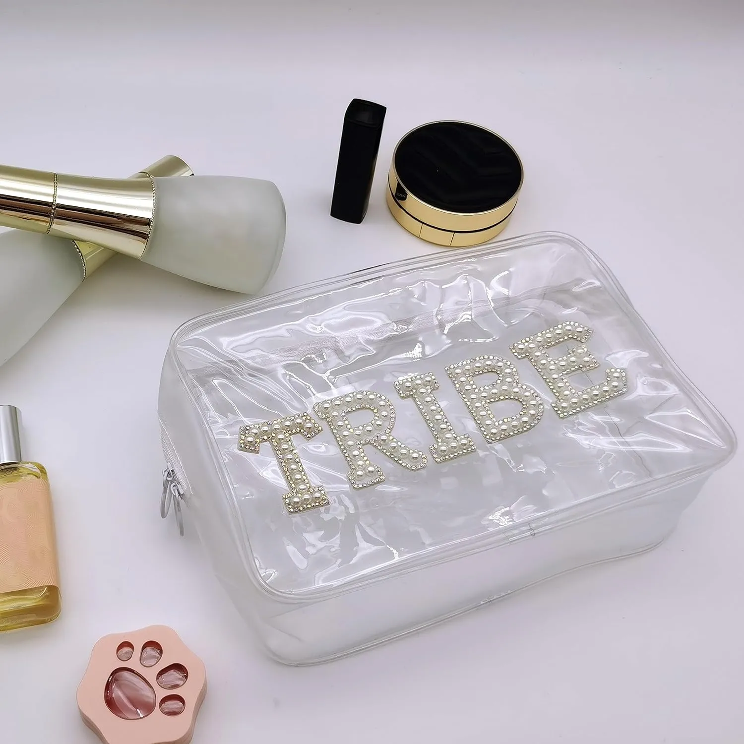 ZHENNAN Tribe Makeup Bag Clear Cosmetic Bags for Bridesmaid Pearl Rhinestone Travel Makeup Pouch Toiletry Bags Organizer Portable Transparent Storage Bag Wedding Gift for Tribe
